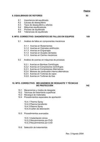 Rev. 5 Agosto 2004
Página
8. EQUILIBRADO DE ROTORES 93
8.1 Importancia del equilibrado
8.2 Causas de desequilibrio
8.3 Tipos de desequilibrio y efectos
8.4 Máquinas equilibradoras
8.5 Proceso de equilibrado
8.6 Tolerancias de equilibrado
9. MTO. CORRECTIVO: DIAGNÓSTICO DE FALLOS EN EQUIPOS 109
9.1 Análisis de fallos en componentes mecánicos
9.1.1 Averías en Rodamientos
9.1.2 Averías en Cojinetes antifricción
9.1.3 Averías en Engranajes
9.1.4 Averías en Acoples dentados
9.1.5 Averías en Cierres mecánicos
9.2 Análisis de averías en máquinas de procesos
9.2.1 Averías en Bombas Centrífugas
9.2.2 Averías en Compresores Centrífugos
9.2.3 Averías en Compresores Alternativos
9.2.4 Motores de combustión interna alternativos
9.2.5 Averías en Turbinas de vapor
9.2.6 Averías en Turbinas de Gas
10. MTO. CORRECTIVO: MECANISMOS DE DESGASTE Y TÉCNICAS
DE PROTECCIÓN 142
10.1 Mecanismos y modos de desgaste
10.2 Técnicas de tratamiento superficial
10.3 Recargue de materiales
10.4 Procedimientos especiales de aportación
10.4.1 Thermo Spray
10.4.2 Plasma transferido
10.4.3 Plasma Spray
10.4.4 Cañón de detonación
10.5 Procedimientos avanzados
10.5.1 Implantación iónica
10.5.2 Recubrimientos por PVD
10.5.3 Recubrimientos por CVD
10.6 Selección de tratamientos
 