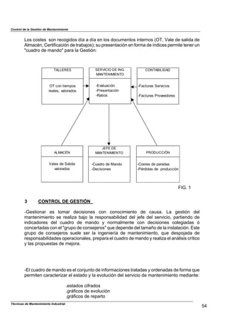 Control de la Gestión de Mantenimiento
Los costes son recogidos día a día en los documentos internos (OT, Vale de salida de
Almacén, Certificación de trabajos); su presentación en forma de índices permite tener un
"cuadro de mando" para la Gestión:
CONTABILIDADSERVICIO DE ING.
MANTENIMIENTO
TALLERES
OT con tiempos
reales, valorados
-Evaluación
-Presentación
-Ratios
-Facturas Servicios
-Facturas Proveedores
ALMACÉN
Vales de Salida
valorados
JEFE DE
MANTENIMIENTO
-Cuadro de Mando
-Decisiones
PRODUCCIÓN
-Costes de paradas
-Pérdidas de producción
FIG. 1
3 CONTROL DE GESTIÓN
-Gestionar es tomar decisiones con conocimiento de causa. La gestión del
mantenimiento se realiza bajo la responsabilidad del jefe del servicio, partiendo de
indicadores del cuadro de mando y normalmente con decisiones colegiadas ó
concertadas con el "grupo de consejeros" que depende del tamaño de la instalación. Este
grupo de consejeros suele ser la ingeniería de mantenimiento, que despojada de
responsabilidades operacionales, prepara el cuadro de mando y realiza el análisis crítico
y las propuestas de mejora.
-El cuadro de mando es el conjunto de informaciones tratadas y ordenadas de forma que
permiten caracterizar el estado y la evolución del servicio de mantenimiento mediante:
.estados cifrados
.gráficos de evolución
.gráficos de reparto
54
Técnicas de Mantenimiento Industrial
 