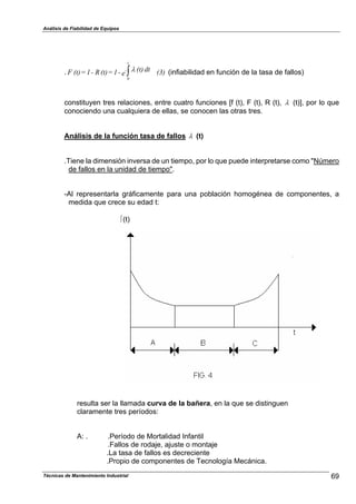 Análisis de Fiabilidad de Equipos
. (infiabilidad en función de la tasa de fallos)(3)e
dt(t)-1=(t)R-1=(t)F
t
0
- %*
constituyen tres relaciones, entre cuatro funciones [f (t), F (t), R (t), % (t)], por lo que
conociendo una cualquiera de ellas, se conocen las otras tres.
Análisis de la función tasa de fallos % (t)
.Tiene la dimensión inversa de un tiempo, por lo que puede interpretarse como "Número
de fallos en la unidad de tiempo".
-Al representarla gráficamente para una población homogénea de componentes, a
medida que crece su edad t:
,(t)
resulta ser la llamada curva de la bañera, en la que se distinguen
claramente tres períodos:
A: . .Período de Mortalidad Infantil
.Fallos de rodaje, ajuste o montaje
.La tasa de fallos es decreciente
.Propio de componentes de Tecnología Mecánica.
69Técnicas de Mantenimiento Industrial
 