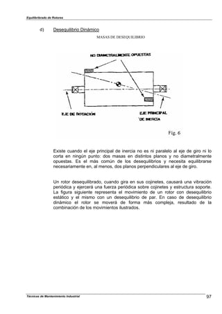 Equilibribrado de Rotores
d) Desequilibrio Dinámico
MASAS DE DESEQUILIBRIO
Existe cuando el eje principal de inercia no es ni paralelo al eje de giro ni lo
corta en ningún punto: dos masas en distintos planos y no diametralmente
opuestas. Es el más común de los desequilibrios y necesita equilibrarse
necesariamente en, al menos, dos planos perpendiculares al eje de giro.
Un rotor desequilibrado, cuando gira en sus cojinetes, causará una vibración
periódica y ejercerá una fuerza periódica sobre cojinetes y estructura soporte.
La figura siguiente representa el movimiento de un rotor con desequilibrio
estático y el mismo con un desequilibrio de par. En caso de desequilibrio
dinámico el rotor se moverá de forma más compleja, resultado de la
combinación de los movimientos ilustrados.
97Técnicas de Mantenimiento Industrial
 