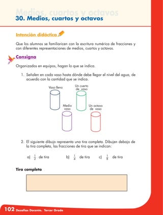 102 Desafíos Docente. Tercer Grado
Medios, cuartos y octavos
30. Medios, cuartos y octavos
2.	 El siguiente dibujo representa una tira completa. Dibujen debajo de
la tira completa, las fracciones de tira que se indican:
a)	 2
1
	 de tira	 b)	 4
1
	 de tira	 c)	 8
1
	 de tira
Tira completa
Intención didáctica
Que los alumnos se familiaricen con la escritura numérica de fracciones y
con diferentes representaciones de medios, cuartos y octavos.
Consigna
Organizados en equipos, hagan lo que se indica.
1.	 Señalen en cada vaso hasta dónde debe llegar el nivel del agua, de
acuerdo con la cantidad que se indica.
Vaso lleno
Medio
vaso
Un cuerto
de vaso
Un octavo
de vaso
 
