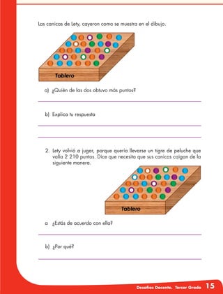 Desafíos Docente. Tercer Grado 15
Las canicas de Lety, cayeron como se muestra en el dibujo.
2.	Lety volvió a jugar, porque quería llevarse un tigre de peluche que
valía 2 210 puntos. Dice que necesita que sus canicas caigan de la
siguiente manera.
a)	 ¿Quién de las dos obtuvo más puntos?
b)	 Explica tu respuesta
a	 ¿Estás de acuerdo con ella?
b)	 ¿Por qué?
 