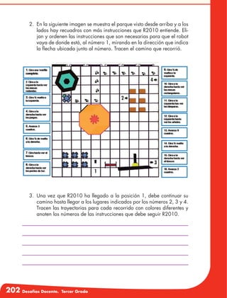 202 Desafíos Docente. Tercer Grado
2.	 En la siguiente imagen se muestra el parque visto desde arriba y a los
lados hay recuadros con más instrucciones que R2010 entiende. Eli-
jan y ordenen las instrucciones que son necesarias para que el robot
vaya de donde está, al número 1, mirando en la dirección que indica
la flecha ubicada junto al número. Tracen el camino que recorrió.
3.	 Una vez que R2010 ha llegado a la posición 1, debe continuar su
camino hasta llegar a los lugares indicados por los números 2, 3 y 4.
Tracen las trayectorias para cada recorrido con colores diferentes y
anoten los números de las instrucciones que debe seguir R2010.
1
3
2
4
 