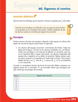 Desafíos Docente. Tercer Grado 205
Sigamos el camino60. Sigamos el camino
Intención didáctica
Que los alumnos distingan giros mayores, menores o iguales que 4
1
de vuelta.
Antes
Antes de iniciar el trabajo con el Desafío, trace con gises de colores las figu-
ras propuestas en las consideraciones previas. También asegúrese de que
los alumnos cuentan con la tabla para registrar los recorridos.
Consigna
Primero vamos a formar seis equipos, después, cada equipo se coloca alre-
dedor de una de las figuras para hacer lo siguiente:
1.	Un alumno del equipo recorrerá –caminando de frente– todos los
lados de la figura. Iniciará en la esquina señalada con una flecha.
Cada vez que llega a una esquina se detiene un momento, gira ha-
cia el siguiente lado y sigue caminando. Los demás integrantes del
equipo van a registrar, en su tabla, el recorrido. Deben anotar cuán-
tos pasos avanza su compañero en cada lado y el giro. Para el giro
deben escribir si es 1
4
, más de 1
4
, o menos de 1
4
y si es a la derecha
o a la izquierda.
Cuando su compañero termine de hacer el recorrido deben comparar sus
registros para ver si coinciden. Si no coinciden tienen que averiguar por
qué, hasta que se pongan de acuerdo.
Figura Registro del recorrido
1
2
3
4
5
6
 