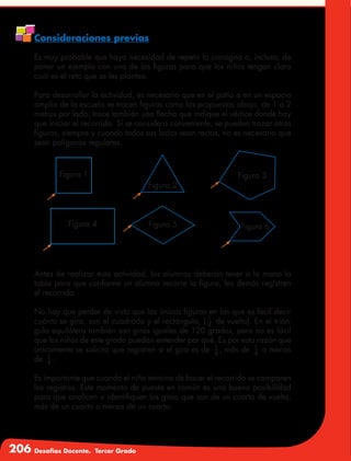 206 Desafíos Docente. Tercer Grado
Consideraciones previas
Es muy probable que haya necesidad de repetir la consigna o, incluso, de
poner un ejemplo con una de las figuras para que los niños tengan claro
cuál es el reto que se les plantea.
Para desarrollar la actividad, es necesario que en el patio o en un espacio
amplio de la escuela se tracen figuras como las propuestas abajo, de 1 a 2
metros por lado; trace también una flecha que indique el vértice donde hay
que iniciar el recorrido. Si se considera conveniente, se pueden trazar otras
figuras, siempre y cuando todos sus lados sean rectos, no es necesario que
sean polígonos regulares.
Antes de realizar esta actividad, los alumnos deberán tener a la mano la
tabla para que conforme un alumno recorre la figura, los demás registren
el recorrido.
No hay que perder de vista que las únicas figuras en las que es fácil decir
cuánto se gira, son el cuadrado y el rectángulo, ( 1
4
de vuelta). En el trián-
gulo equilátero también son giros iguales de 120 grados, pero no es fácil
que los niños de este grado puedan entender por qué. Es por esta razón que
únicamente se solicita que registren si el giro es de 1
4
, más de 1
4
o menos
de 1
4 .
Es importante que cuando el niño termina de hacer el recorrido se comparen
los registros. Este momento de puesta en común es una buena posibilidad
para que analicen e identifiquen los giros que son de un cuarto de vuelta,
más de un cuarto o menos de un cuarto.
Figura 1
Figura 2
Figura 3
Figura 4 Figura 5 Figura 6
 