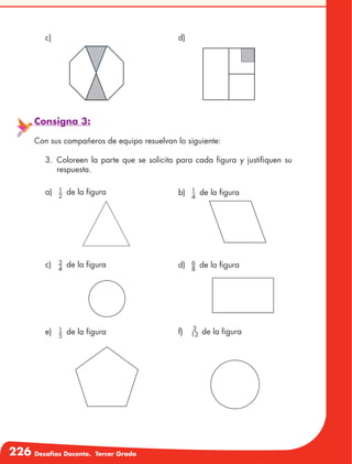 226 Desafíos Docente. Tercer Grado
Consigna 3:
Con sus compañeros de equipo resuelvan lo siguiente:
3.	Coloreen la parte que se solicita para cada figura y justifiquen su
respuesta.
c)	 d)	
a)	 1
2
de la figura b)	 1
4
de la figura
c)	 3
4
de la figura d)	 6
8
de la figura
e)	 1
5
de la figura f)	 3
12 de la figura
 