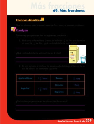 Desafíos Docente. Tercer Grado 239
Más fracciones69. Más fracciones
Intención didáctica
Que los alumnos usen la suma y resta de fracciones, al resolver problemas.
Consigna
Formen equipos para resolver los siguientes problemas.
1.	 Noé toma en la mañana 2 vasos de leche de 1
4
de litro y en la noche
un vaso de 1
4
de litro, ¿qué cantidad de leche toma al día?
¿Qué cantidad de leche se toma Noé en 2 días?
2.	 En una escuela, el profesor de tercer grado distribuyó el tiempo de un
día de labores de la manera siguiente:
Matemáticas 1 1
2
horas Recreo 1
2 hora
Español 1 1
2
horas
Ciencias 1 hora
Deportes 1
2 hora
¿Cuánto tiempo permanecen los alumnos en la escuela?
 
