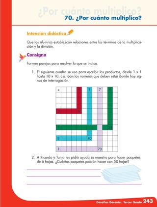 Desafíos Docente. Tercer Grado 243
¿Por cuánto multiplico?70. ¿Por cuánto multiplico?
Intención didáctica
Que los alumnos establezcan relaciones entre los términos de la multiplica-
ción y la división.
Consigna
Formen parejas para resolver lo que se indica.
1.	 El siguiente cuadro se usa para escribir los productos, desde 1 x 1
hasta 10 x 10. Escriban los números que deben estar donde hay sig-
nos de interrogación.
x ? ? 7 9
3 9
? 54
8 40
? 70
2.	 A Ricardo y Tania les pidió ayuda su maestro para hacer paquetes
de 6 hojas. ¿Cuántos paquetes podrán hacer con 50 hojas?
 