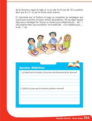 Desafíos Docente. Tercer Grado 253
de los factores y según la regla c), no se vale. En el caso de 18 no podrían
decir que 4 x 3 + 6, por la misma razón anterior.
Es importante que al finalizar el juego se compartan las estrategias que
usaron para encontrar el mayor número de productos. Tal vez algún equipo
diga que su estrategia fue “buscar un número que multiplicado por… dé…”;
otros podrían decir que recordaron “en la tabla del… si lo multiplicas por…,
te da…”, etc.
Apuntes didácticos
1. ¿Cuáles fueron las dudas y los errores más frecuentes de los alumnos?
2. ¿Qué hizo para que los alumnos pudieran avanzar?
 