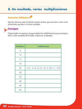 30 Desafíos Docente. Tercer Grado
8. Un resultado, varias multiplicaciones
Un resultado, varias multiplicaciones
Intención didáctica
Que los alumnos usen el cálculo mental, al tener que encontrar varias multi-
plicaciones que dan un mismo resultado.
Consigna
Organizados en equipos, busquen todas las multiplicaciones que correspon-
den a cada resultado de la tabla. Fíjense en el ejemplo.
Resultados Multiplicaciones
4
12
15
16
20 5 x 4; 4 x 5; 2 x 10; 10 x 2; 20 x 1; 1 x 20
30
35
40
48
60
 