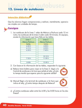 40 Desafíos Docente. Tercer Grado
Líneas de autobuses12. Líneas de autobuses
Intención didáctica
Que los alumnos hagan comparaciones y realicen, mentalmente, operacio-
nes simples con unidades de tiempo.
Consigna
1.	 Los autobuses de la Línea 1 salen de México a Pachuca cada 15 mi-
nutos; los autobuses de la Línea 2 salen cada 50 minutos. En equipos,
anoten la información que hace falta en las tablas.
2.	 Con base en la información de las tablas, respondan lo siguiente:
a)	 Rebeca tiene boletos para viajar en la línea 2. Llegó a la
Central de autobuses a la hora que señala el reloj. ¿Cuán-
to tiempo tendrá que esperar para la siguiente salida?
b)	 Manuel llegó a la terminal de autobuses a la hora que
indica el reloj. ¿Cuánto tiempo después de Rebeca?
c)	 ¿Cuántos autobuses salen entre las 6:00 y las 8:00 horas en las dos
líneas?
Línea 1
México-Pachuca
Salida
6:00 h
6:15 h
6:30 h
7:30 h
8:00h
Línea 2
México-Pachuca
Salida
6:00 h
6:50 h
7:40 h
10:10 h
11:00 h
12:40 h
 
