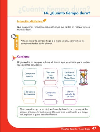 Desafíos Docente. Tercer Grado 47
¿Cuánto tiempo dura?14. ¿Cuánto tiempo dura?
Intención didáctica
Que los alumnos reflexionen sobre el tiempo que tardan en realizar diferen-
tes actividades.
Antes de iniciar la actividad tenga a la mano un reloj, para verificar las
estimaciones hechas por los alumnos.
Antes
Consigna
Organizados en equipos, estimen el tiempo que se necesita para realizar
las siguientes actividades.
Ahora, con el apoyo de un reloj, verifiquen la duración de cada una de las
acciones anteriores. Si existe mucha diferencia entre su estimación y el tiempo
real, expliquen a qué se debió la diferencia
Cantar una
canción
Tomar un
vaso
de agua
Resolver un
problema de
Matemáticas
Ir del salón a
la Dirección
Comer una
torta
Leer un
párrafo de
un libro
 
