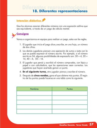 Desafíos Docente. Tercer Grado 57
Diferentes representaciones
18. Diferentes representaciones
Intención didáctica
Que los alumnos asocien diferentes números con una expresión aditiva que
sea equivalente, a través de un juego de cálculo mental.
Consigna
Vamos a organizarnos en equipos para realizar un juego, estas son las reglas.
1.	 El jugador que inicia el juego dice y escribe, en una hoja, un número
de dos cifras.
2.	 Los demás jugadores piensan una operación de suma o resta con la
que se pueda expresar el número escrito. Por ejemplo, si el número
escrito es 34, algunas posibilidades de expresarlo son: 30 + 4, 20 +
14, 40 – 6, 50 – 16.
3.	 El jugador que pensó y escribió el número comprueba, con lápiz y
papel o con calculadora, que las operaciones sean correctas. Los
jugadores que hayan acertado ganan un punto.
4.	 En el siguiente turno, otro jugador piensa y escribe el número.
5.	 Después de cinco rondas, gana el que obtiene más puntos. El regis-
tro de los puntos puede hacerse en una tabla como la siguiente.
Nombres Puntos
 