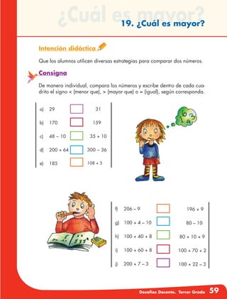 Desafíos Docente. Tercer Grado 59
¿Cuál es mayor?19. ¿Cuál es mayor?
Intención didáctica
Que los alumnos utilicen diversas estrategias para comparar dos números.
Consigna
De manera individual, compara los números y escribe dentro de cada cua-
drito el signo < (menor que), > (mayor que) o = (igual), según corresponda.
a)	29
	
b)	170
	
c)	 48 − 10
	
d)	 200 + 64
	
e)	185
31
159
35 + 10
300 − 36
108 + 5
f)	 206 – 9
	
g)	 100 + 4 – 10
	
h)	 100 + 40 + 8
	
i)	 100 + 60 + 8
	
j)	 200 + 7 – 3
196 + 9
80 – 10
80 + 10 + 9
100 + 70 + 2
100 + 22 – 3
 