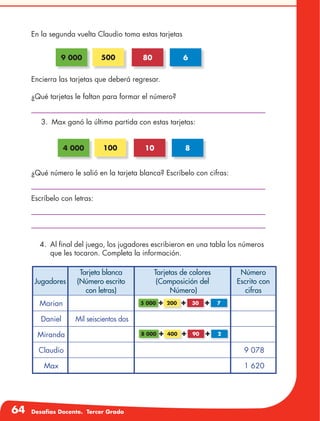 64 Desafíos Docente. Tercer Grado
En la segunda vuelta Claudio toma estas tarjetas
4.	 Al final del juego, los jugadores escribieron en una tabla los números
que les tocaron. Completa la información.
3.	 Max ganó la última partida con estas tarjetas:
Encierra las tarjetas que deberá regresar.
¿Qué tarjetas le faltan para formar el número?
¿Qué número le salió en la tarjeta blanca? Escríbelo con cifras:
Escríbelo con letras:
Jugadores
Tarjeta blanca
(Número escrito
con letras)
Tarjetas de colores
(Composición del
Número)
Número
Escrito con
cifras
Marian
Daniel Mil seiscientos dos
Miranda
Claudio 9 078
Max 1 620
5 000 200 30 7
8 000 400 90 2
9 000 500 80 6
4 000 100 10 8
 