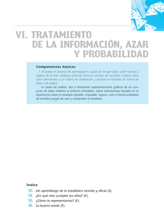 Competencias básicas
7. Al acabar el proceso de aprendizaje es capaz de recoger datos sobre hechos y
objetos de la vida cotidiana utilizando técnicas sencillas de recuento, ordenar estos
datos atendiendo a un criterio de clasificación y expresar el resultado en forma de
tabla o de gráfica.
…es capaz de realizar, leer e interpretar representaciones gráficas de un con-
junto de datos relativos al entorno inmediato. Hacer estimaciones basadas en la
experiencia sobre el resultado (posible, imposible, seguro, más o menos probable)
de sencillos juegos de azar y comprobar el resultado.
Índice
93. Un aprendizaje de la estadística sencillo y eficaz (S).
94. ¿En qué mes cumples los años? (F).
95. ¿Cómo lo representamos? (F).
96. La buena suerte (F).
VI. TRATAMIENTO
DE LA INFORMACIÓN, AZAR
Y PROBABILIDAD
188863 _ 0001-0120.indd 107188863 _ 0001-0120.indd 107 24/7/09 11:56:0724/7/09 11:56:07
 