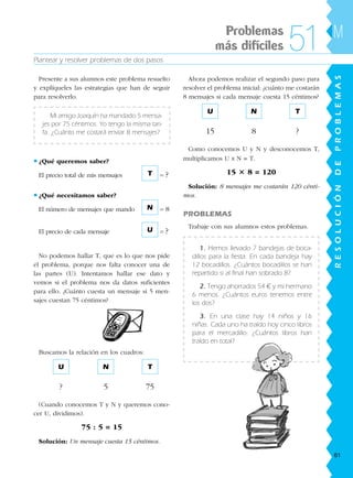 Plantear y resolver problemas de dos pasos
MProblemas
más difíciles 51
Presente a sus alumnos este problema resuelto
y explíqueles las estrategias que han de seguir
para resolverlo.
Mi amigo Joaquín ha mandado 5 mensa-
jes por 75 céntimos. Yo tengo la misma tari-
fa. ¿Cuánto me costará enviar 8 mensajes?
• ¿Qué queremos saber?
El precio total de mis mensajes T = ?
• ¿Qué necesitamos saber?
El número de mensajes que mando N = 8
El precio de cada mensaje U = ?
No podemos hallar T, que es lo que nos pide
el problema, porque nos falta conocer una de
las partes (U). Intentamos hallar ese dato y
vemos si el problema nos da datos suficientes
para ello. ¿Cuánto cuesta un mensaje si 5 men-
sajes cuestan 75 céntimos?
Buscamos la relación en los cuadros:
U N T
? 5 75
(Cuando conocemos T y N y queremos cono-
cer U, dividimos).
75 : 5 = 15
Solución: Un mensaje cuesta 15 céntimos.
Ahora podemos realizar el segundo paso para
resolver el problema inicial: ¿cuánto me costarán
8 mensajes si cada mensaje cuesta 15 céntimos?
U N T
15 8 ?
Como conocemos U y N y desconocemos T,
multiplicamos U x N = T.
15 3 8 = 120
Solución: 8 mensajes me costarán 120 cénti-
mos.
PROBLEMAS
Trabaje con sus alumnos estos problemas.
1. Hemos llevado 7 bandejas de boca-
dillos para la fiesta. En cada bandeja hay
12 bocadillos. ¿Cuántos bocadillos se han
repartido si al final han sobrado 8?
2. Tengo ahorrados 54 € y mi hermano
6 menos. ¿Cuántos euros tenemos entre
los dos?
3. En una clase hay 14 niños y 16
niñas. Cada uno ha traído hoy cinco libros
para el mercadillo. ¿Cuántos libros han
traído en total? RESOLUCIÓNDEPROBLEMAS
61
188863 _ 0001-0120.indd 61188863 _ 0001-0120.indd 61 30/7/09 08:28:1730/7/09 08:28:17
 