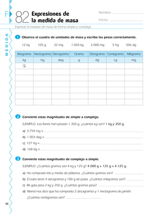 96
Kilogramo Hectogramo Decagramo Gramo Decigramo Centigramo Miligramo
kg hg dag g dg cg mg
12
1 Observa el cuadro de unidades de masa y escribe los pesos correctamente.
12 kg 105 g 22 mg 1.050 kg 2.000 mg 5 hg 506 dg
Convierte estas magnitudes de simple a complejo.
EJEMPLO: Los flanes han pesado 1.350 g, ¿cuántos kg son? 1 kg y 350 g.
a) 3.754 mg =
b) 1.003 dag =
c) 127 hg =
d) 168 dg =
Convierte estas magnitudes de complejo a simple.
EJEMPLO: ¿Cuántos gramos son 4 kg y 125 g? 4.000 g + 125 g = 4.125 g.
a) He comprado kilo y medio de plátanos. ¿Cuántos gramos son?
b) El tubo tiene 4 decigramos y 100 g de pasta. ¿Cuántos miligramos son?
c) Mi gata pesa 2 kg y 250 g. ¿Cuántos gramos pesa?
d) Mamá nos dice que ha comprado 2 decagramos y 1 hectogramo de jamón.
¿Cuántos centigramos son?
3
2
Expresar la medida de masa de forma simple y compleja
F Expresiones de
la medida de masa82
MEDIDA
Nombre:
Fecha:
188863 _ 0001-0120.indd 96188863 _ 0001-0120.indd 96 30/7/09 08:28:2130/7/09 08:28:21
 