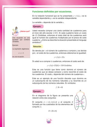 184
Funciones definidas por ecuaciones.
En la notación funcional que se ha presentado y = f (x), y es la
variable dependiente y x es la variable independiente.
La variable y depende de la variable x.
Ejemplo:
Usted necesita comprar una cierta cantidad de cuadernos para
el inicio del año escolar 2 015. Si cada cuaderno tiene un costo
de 25 Córdobas, entonces el costo total de los cuadernos será
igual al número de cuadernos multiplicado por el precio de cada
cuaderno. ¿Cómo se describe la situación presentada en lenguaje
simbólico?
Solución
Se denota por x el número de cuadernos a comprar y se denota
por y el costo de los cuadernos, entonces obtenemos la igualdad:
y = f (x) = 25x
Si usted va a comprar 6 cuadernos, entonces el costo será de:
y = f (x) =25(6) = 150 Córdobas
Esta es una función que tiene como dominio el número de
cuadernos que se desea comprar y como recorrido el costo de
los cuadernos. El costo y depende del número de cuadernos x.
Este es un ejemplo de una función discreta cuyo dominio es
un subconjunto de los números naturales y su recorrido es un
subconjunto de los números naturales. En símbolos:
f : �⟶�
Ejemplo:
En el diagrama de la figura se presenta una
relación entre dos conjuntos:
El conjunto A = {-2,-1,0,1,2} y el conjunto B
formado por los cuadrados de los elementos del
conjunto A;
B = {0,1,4}
Una ecuación es una
igualdad que contiene
variables.
Ejemplo:
La expresión algebraica
x + y = 3
es una ecuación.
-2
-1
0
1
2
0
1
4
A B
ℛ
Ma
tem
áti
ca
7
¿Sabías qué?
 