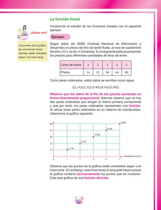 187
La función lineal
Iniciaremos el estudio de las funciones lineales con el siguiente
ejemplo.
Ejemplo:
Según datos del INIDE (Instituto Nacional de Información y
Desarrollo) el precio del litro de leche fluida, al mes de septiembre
del año 2014, es de 16 Córdobas. En la siguiente tabla se presentan
los precios para diferentes cantidades de litros de leche.
Litros de leche 1 2 3 4 5
Precio 16 32 48 64 80
Como pares ordenados, estos datos se escriben como sigue:
{(1,16);(2,32);(3,48);(4,64);(5,80)}
Observe que los datos de la fila de los precios aumentan en
forma directamente proporcional. Además observe que no hay
dos pares ordenados que tengan la misma primera componente
y que por tanto, los pares ordenados representan una función.
Al ubicar estos pares ordenados en un sistema de coordenadas,
obtenemos el gráfico siguiente:
Cantidad de Litros
1 2 3 4 5
16
32
48
64
80
0
(1,16)
(2,32)
(3,48)
(4,64)
(5,80)
Observe que los puntos de la gráfica están orientados según una
línea recta. Sin embargo, esta línea recta no se puede trazar porque
la gráfica contiene exclusivamente los puntos que se muestran.
Esta esla gráfica de una función discreta.
Los puntos de la gráfica
de una función lineal
discreta, están ubicados
según una línea recta.
Ma
tem
áti
ca
7
¿Sabías qué?
 