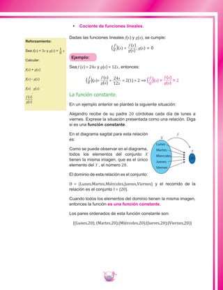 191
•	 Cociente de funciones lineales.
Dadas las funciones lineales f(x) y g(x), se cumple:
(g
f
)(x) =
f (x)
g(x)
; g(x) ≠ 0
Ejemplo:
Sea f (x) = 24x y g(x) = 12x, entonces:
(g
f
)(x)=
f (x)
g(x)
=
24x
12x
= 2(1) = 2 ⟹ (g
f
)(x) =
f (x)
g(x)
= 2
La función constante.
En un ejemplo anterior se planteó la siguiente situación:
Alejandro recibe de su padre 20 córdobas cada día de lunes a
viernes. Exprese la situación presentada como una relación. Diga
si es una función constante.
En el diagrama sagital para esta relación
es:
Como se puede observar en el diagrama,
todos los elementos del conjunto X
tienen la misma imagen, que es el único
elemento del Y , el número 20.
El dominio de esta relación es el conjunto:
D = {Lunes,Martes,Miércoles,Jueves,Viernes} y el recorrido de la
relación es el conjunto I = {20}.
Cuando todos los elementos del dominio tienen la misma imagen,
entonces la función es una función constante.
Los pares ordenados de esta función constante son:
{(Lunes,20); (Martes,20);(Miércoles,20);(Jueves,20);(Viernes,20)}
Lunes
Martes
Miercoles
Jueves
Viernes
20
X
Y
f
Reforzamiento:
Sea f(x) = 3x y g(x) = 1
8
x
Calcular:
f(x) + g(x)
f(x) - g(x)
f(x) g(x)
f (x)
g(x)
 