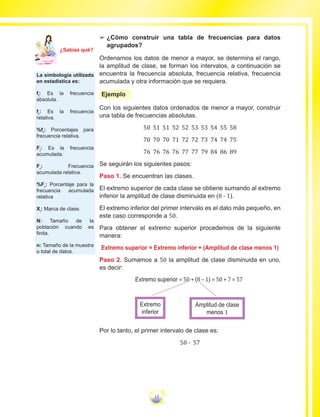 15
££ ¿Cómo construir una tabla de frecuencias para datos
agrupados?
Ordenamos los datos de menor a mayor, se determina el rango,
la amplitud de clase, se forman los intervalos, a continuación se
encuentra la frecuencia absoluta, frecuencia relativa, frecuencia
acumulada y otra información que se requiera.
Ejemplo
Con los siguientes datos ordenados de menor a mayor, construir
una tabla de frecuencias absolutas.
50 51 51 52 52 53 53 54 55 58
70 70 70 71 72 72 73 74 74 75
76 76 76 76 77 77 79 84 86 89
Se seguirán los siguientes pasos:
Paso 1. Se encuentran las clases.
El extremo superior de cada clase se obtiene sumando al extremo
inferior la amplitud de clase disminuida en (8 - 1).
El extremo inferior del primer intervalo es el dato más pequeño, en
este caso corresponde a 50.
Para obtener el extremo superior procedemos de la siguiente
manera:
Extremo superior = Extremo inferior + (Amplitud de clase menos 1)
Paso 2. Sumamos a 50 la amplitud de clase disminuida en uno,
es decir:
Extremo superior = 50 + (8 – 1) = 50 + 7 = 57
Extremo
inferior
Amplitud de clase
menos 1
Por lo tanto, el primer intervalo de clase es:
50 - 57
La simbología utilizada
en estadística es:
fi
: Es la frecuencia
absoluta.
fr
: Es la frecuencia
relativa.
%fr
: Porcentajes para
frecuencia relativa.
Fi
: Es la frecuencia
acumulada.
Fr
: Frecuencia
acumulada relativa.
%Fr
: Porcentaje para la
frecuencia acumulada
relativa
Xi
: Marca de clase.
N: Tamaño de la
población cuando es
finita.
n: Tamaño de la muestra
o total de datos.
Ma
tem
áti
ca
7
¿Sabías qué?
 