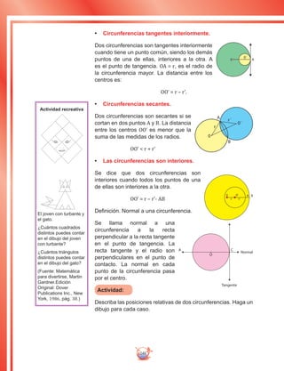 248
•	 Circunferencias tangentes interiormente.
Dos circunferencias son tangentes interiormente
cuando tiene un punto común, siendo los demás
puntos de una de ellas, interiores a la otra. A
es el punto de tangencia. OA = r, es el radio de
la circunferencia mayor. La distancia entre los
centros es:
OO' = r – r'.
•	 Circunferencias secantes.
Dos circunferencias son secantes si se
cortan en dos puntos A y B. La distancia
entre los centros OO' es menor que la
suma de las medidas de los radios.
OO'  r + r'
•	 Las circunferencias son interiores.
Se dice que dos circunferencias son
interiores cuando todos los puntos de una
de ellas son interiores a la otra.
OO' = r – r'- AB
Definición. Normal a una circunferencia.
Se llama normal a una
circunferencia a la recta
perpendicular a la recta tangente
en el punto de tangencia. La
recta tangente y el radio son
perpendiculares en el punto de
contacto. La normal en cada
punto de la circunferencia pasa
por el centro.
Actividad:
Describa las posiciones relativas de dos circunferencias. Haga un
dibujo para cada caso.
0
0´
A
0
0´
A
B
r´
r
Actividad recreativa
El joven con turbante y
el gato.
¿Cuántos cuadrados
distintos puedes contar
en el dibujo del joven
con turbante?
¿Cuántos triángulos
distintos puedes contar
en el dibujo del gato?
(Fuente: Matemática
para divertirse, Martin
Gardner.Edición
Original: Dover
Publications Inc., New
York, 1986, pág. 38.)
0 0' A B
r'r
Tangente
Normal
A C
O
 