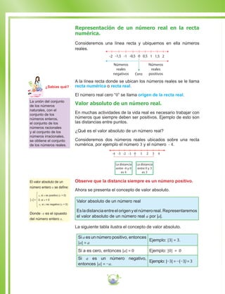 58
Representación de un número real en la recta
numérica.
Consideremos una línea recta y ubiquemos en ella números
reales.
Cero
Números
reales
negativos
Números
reales
positivos
0 0,5 1,51 2-1-2 -1,5 -0,5
A la línea recta donde se ubican los números reales se le llama
recta numérica o recta real.
El número real cero “0” se llama origen de la recta real.
Valor absoluto de un número real.
En muchas actividades de la vida real es necesario trabajar con
números que siempre deben ser positivos. Ejemplo de esto son
las distancias entre puntos.
¿Qué es el valor absoluto de un número real?
Consideremos dos números reales ubicados sobre una recta
numérica, por ejemplo el número 3 y el número - 4.
La distancia
entre -4 y 0
es 4
La distancia
entre 0 y 3
es 3
0 1 2 3-1-2-3-4 4
Observe que la distancia siempre es un número positivo.
Ahora se presenta el concepto de valor absoluto.
Valor absoluto de un número real
Esladistanciaentreelorigenyelnúmeroreal.Representaremos
el valor absoluto de un número real a por |a|.
La siguiente tabla ilustra el concepto de valor absoluto.
Si a es un número positivo, entonces
|a| = a
Ejemplo: |3| = 3.
Si a es cero, entonces |a| = 0 Ejemplo: |0| = 0
Si a es un número negativo,
entonces |a| = −a.
Ejemplo: |−3|=−(−3)=3
La unión del conjunto
de los números
naturales, con el
conjunto de los
números enteros,
el conjunto de los
números racionales
y el conjunto de los
números irracionales,
se obtiene el conjunto
de los números reales.
El valor absoluto de un
número entero x se define:
x, si x es positivo (x  0)
│x│= 0, si x = 0
-x, si x es negativo (x  0)
Donde -x es el opuesto del número entero x.
Donde -x es el opuesto
del número entero x.
Ma
tem
áti
ca
7
¿Sabías qué?
 
