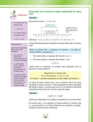 61
Sumando tres números reales utilizando la recta
real.
Ejemplo
Encuentre la suma −3 + 5 + ( −6).
5 unidades hacia la
derecha a partir de -3
6 unidades hacia la
izquierda a partir de 2
-3 -1-2-6 -4-5 4 651 320
La distancia de cero al
extremo que indica la
punta de la flecha verde
es de -4
Entonces: −3 + 5 + ( −6) = ( −3 −6) + 5 = −9 + 5( 9 −6) = −4 .
¿Qué entenderemos por el opuesto o inverso aditivo de un número
real?
Dado un número real a cualquiera, el número −a se llama el
inverso aditivo u opuesto de a.
•	 El inverso aditivo u opuesto del número 2 es −2.
•	 El inverso aditivo u opuesto del número −2 es:
−(−2) = 2.
¿Qué ocurre si sumamos un número real cualquiera con su
opuesto o inverso aditivo?
Opuesto de un número real
Si a ∈ ℝ,entonces −a ∈ ℝ, ∀ a ∈ ℝ
El número −a se llama el opuesto o inverso aditivo del número a.
La suma de todo número real a con el número real 0 da como
resultado el mismo número a. Esta propiedad se llama propiedad
del idéntico aditivo y se dice que el cero es el elemento identidad
o elemento neutro para la suma de números reales.
Ejemplo
−0,289 + 0 = −0,289
¿Cómo se interpreta en un gráfico el opuesto de un número real?
El número real a y su opuesto (o inverso aditivo) el número real
−a, se encuentran a la misma distancia con respecto al origen.
También se dice que son simétricos.
•	 Un número par x se
denota como:
x = 2k, k ∈ ℤ
•	 Un número impar x
se denota como:
x = 2k + 1, k ∈ ℤ
Reforzamiento:
¿Cual de las siguientes
afirmaciones son
correctas?
•	 Los números
enteros son
subconjuntos de los
números racionales
•	 La intersección
de los números
racionales e
irracionales es el
conjunto vacio.
•	 El conjunto de los
números racionales
unido al conjunto
de los números
irracionales es el
conjunto de los
números reales.
Ma
tem
áti
ca
7
¿Sabías qué?
 