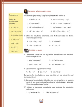 102
Recuerde, reflexione y concluya
I. Factorice agrupando y luego extrayendo factor común a:
1.	 a2
+ ab + ab + b2
2.	 a2
- ab - ab + b2
3.	 4k2
+ 6kp + 6kp + 9p2
4.	 4k2
- 6kp - 6kp + 9p2
5.	 16x2
- 15y - 15xy + 25y2
6.	 25x2
+ 35xy + 35xy + 49y2
7.	 9m2
+ 21mn + 21mn + 49n2
8.	 25x2
- 35xy - 35xy + 49y2
II. Utilice los resultados anteriores para factorizar cada uno de los
siguientes polinomios:
1.	 25x2
+ 70xy + 49y2
2.	 16x2
- 40xy + 25y2
3.	 a2
+ 2ab + b2
4.	 a2
- 2ab + b2
Actividad en grupo
I. Determinen cuáles de las siguientes expresiones son trinomios
cuadrados perfectos
1.	 49m2
+ 14mn + n2
2.	 25u2
+ 40uv + 16v2
3.	 81x2
+ 90xy + 4y2
4.	 36x2
+ 60xw + 25w2
II. Desarrollen los siguientes binomios
1.	 (7m + n)2
2. (5u + 4v)2
3. (6x + 5w)2
	Comparen los resultados de este ejercicio con los polinomios del
ejercicio anterior.
III. Comparta los resultados obtenidos con sus compañeros de grupo. A
partir de sus observaciones formule una estrategia para factorizar
trinomios cuadrados perfectos.
IV. Utilicen la estrategia encontrada para factorizar los siguientes
polinomios
1.	 4x2
+ 48xy + 36y2
2. 64m2
+ 32mn + 4n2
Reforzamiento
Realice las
factorizaciones
indicadas:
•	 a2
- 2ab2
+ b4
•	 4x8
+ 20x4
y + 25y2
•	 (a - b)2
+ 8(a - b) + 16
•	 x2n
+ 2xn
yn
+ y2n
•	 0,01x10
- 121
•	 (a - 2b)2
- c2
•	 729 - (x + y)3
 