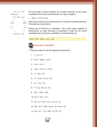 105
Por otra parte, el tercer término es el doble producto de las raíces
cuadradas de los otros dos términos, con signo negativo.
•	 -88xy = -2(11x) (4y).
Todo esto confirma que la expresión es un trinomio cuadrado perfecto.
Procedamos a factorizarlo.
Puesto que el término no cuadrático, -88xy, tiene signo negativo la
factorización se halla elevando al cuadrado la resta de las raíces
cuadradas de los términos cuadráticos: la factorización es
121x2
+ 16y2
- 88xy = (11x - 4y)2
Compruebe lo aprendido.
I. Factorice cada uno de los siguientes polinomios:
1.	 x2
+ 6x + 9
2.	 81z2
+ 108zw + 36w2
3.	 16x2
+ 8x + 1
4.	 64x4
+ 176x2
w3
+ 121w6
5.	 y2
+ 10y + 25
6.	 x2
+ 2x (a + b) + (a + b)2
7.	 4y2
- 24y + 36
8.	 9 - 6 (a + b) + (a + b)2
9.	 81y2
- 180y + 100
10.	25x2
+ 30xz + 9z2
11.	4(x + y)2
+ 4(x + y) (x - y) + (x - y)2
12.	 9(m - n)2
+ 12(m - n) (m + n) + 4(m + n)2
13.	 4(1 + a)2
- 4 (1 + a)(b - 1) + (b - 1)2
Ordenamos:
121x2
- 88xy + 16y2
121x2
- 16y2
+ 88xy
121 2
x 16 2
y
11x 4y
-2(11x)(4y) = -88y
 