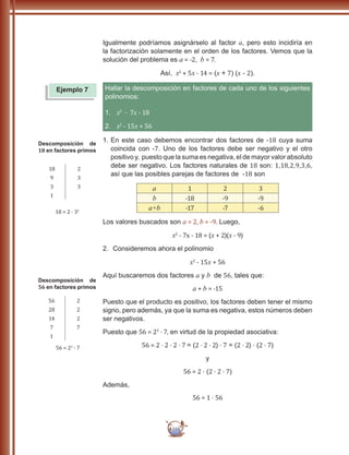 110
Igualmente podríamos asignárselo al factor a, pero esto incidiría en
la factorización solamente en el orden de los factores. Vemos que la
solución del problema es a = -2, b = 7.
Así, x2
+ 5x - 14 = (x + 7) (x - 2).
Hallar la descomposición en factores de cada uno de los siguientes
polinomios:
1.	 x2
- 7x - 18
2.	 x2
- 15x + 56
1.	En este caso debemos encontrar dos factores de -18 cuya suma
coincida con -7. Uno de los factores debe ser negativo y el otro
positivo y, puesto que la suma es negativa, el de mayor valor absoluto
debe ser negativo. Los factores naturales de 18 son: 1,18,2,9,3,6,
así que las posibles parejas de factores de -18 son
a 1 2 3
b -18 -9 -9
a+b -17 -7 -6
Los valores buscados son a = 2, b = -9. Luego,
x2
- 7x - 18 = (x + 2)(x - 9)
2.	 Consideremos ahora el polinomio
x2
- 15x + 56
Aquí buscaremos dos factores a y b de 56, tales que:
a + b = -15
Puesto que el producto es positivo, los factores deben tener el mismo
signo, pero además, ya que la suma es negativa, estos números deben
ser negativos.
Puesto que 56 = 23
⋅ 7, en virtud de la propiedad asociativa:
56 = 2 ⋅ 2 ⋅ 2 ⋅ 7 = (2 ⋅ 2 ⋅ 2) ⋅ 7 = (2 ⋅ 2) ⋅ (2 ⋅ 7)
y
56 = 2 ⋅ (2 ⋅ 2 ⋅ 7)
Además,
56 = 1 ⋅ 56
Descomposición de
56 en factores primos
56 2
28 2
14 2
7 7
1
56 = 23
· 7
Descomposición de
18 en factores primos
18 2
9 3
3 3
1
18 = 2 · 32
Ejemplo 7
 