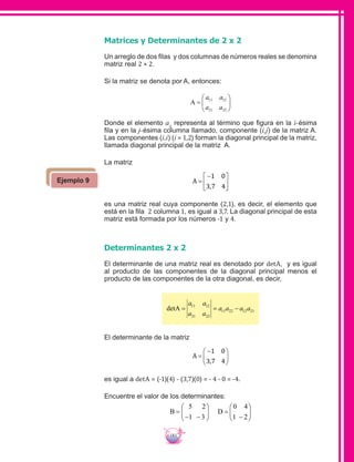 181
Matrices y Determinantes de 2 x 2
Un arreglo de dos filas y dos columnas de números reales se denomina
matriz real 2 × 2.
Si la matriz se denota por A, entonces:
A =






a a
a a
11 12
21 22
Donde el elemento aij
representa al término que figura en la i-ésima
fila y en la j-ésima columna llamado, componente (i,j) de la matriz A.
Las componentes (i,i) (i = 1,2) forman la diagonal principal de la matriz,
llamada diagonal principal de la matriz A.
La matriz
A =
−





1 0
3 7 4,
es una matriz real cuya componente (2,1), es decir, el elemento que
está en la fila 2 columna 1, es igual a 3,7. La diagonal principal de esta
matriz está formada por los números -1 y 4.
Determinantes 2 x 2
El determinante de una matriz real es denotado por detA, y es igual
al producto de las componentes de la diagonal principal menos el
producto de las componentes de la otra diagonal, es decir,
detA = = −
a a
a a
a a a a11 12
21 22
11 22 12 21
El determinante de la matriz
A =
−





1 0
3 7 4,
es igual a detA = (-1)(4) - (3,7)(0) = - 4 - 0 = -4.
Encuentre el valor de los determinantes:
B D=
− −





 =
−






5 2
1 3
0 4
1 2
Ejemplo 9
 
