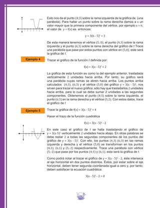 266
Esto nos da el punto (4;3) sobre la rama izquierda de la gráfica de (una
parábola). Para hallar un punto sobre la rama derecha damos a x un
valor mayor que la primera componente del vértice, por ejemplo x = 6;
el valor de y = f(x) es entonces:
y = 3(6 - 5)2
= 3
De esta manera tenemos el vértice (5; 0), el punto (4;3) sobre la rama
izquierda y el punto (6;3) sobre la rama derecha del gráfico de f Trace
una parábola que pase por estos puntos con vértice en (5;0), este será
la gráfica de f.
Trazar el gráfico de la función f definida por:
f(x) = 3(x - 5)2
+ 2
La gráfica de esta función es como la del ejemplo anterior, trasladada
verticalmente 2 unidades hacia arriba. Por tanto, su gráfico será
una parábola cuyas ramas se abren hacia arriba. Los puntos arriba
calculados (4;3), (6;3) y el vértice (5;0) del gráfico y = 3(x - 5)2
, nos
sirven para trazar el nuevo gráfico, sólo hay que trasladarlos 2 unidades
hacia arriba, para lo cual se debe sumar 2 unidades a las segundas
componentes. Obtenemos el punto (4;5) sobre la rama izquierda, el
punto (6;5) en la rama derecha y el vértice (5;2). Con estos datos, trace
el gráfico de f
Trace la gráfica de f(x) = 3(x - 5)2
+ 4
Hacer el trazo de la función cuadrática
f(x) = 3(x - 5)2
- 2
En este caso el gráfico de f se halla trasladando el gráfico de
y = 3(x-5)2
verticalmente 2 unidades hacia abajo. En otras palabras se
debe restar 2 a todas las segundas componentes de los puntos del
gráfico de y = 3(x - 5)2
. Con ello, los puntos (4;3) (6;3) en las ramas
izquierda y derecha y el vértice (5;0) se transforman en los puntos
(4;1), (6;1) y (5;-2) respectivamente. Trace una parábola con vértice
(5;-2) que pase por los puntos (4;1) y (6;1); esta será la gráfica de f.
Como podrá notar al trazar el gráfico de y = 3(x - 5)2
- 2, éste interseca
al eje horizontal en dos puntos distintos. Éstos, por estar sobre el eje
horizontal, deben tener segunda coordenada igual a cero y, por tanto,
deben satisfacer la ecuación cuadrática:
3(x - 5)2
- 2 = 0
Ejemplo 5
Ejemplo 4
(4,3) (6,3)
(5,0)
654321
(4,1) (6,1)
654321
A
 