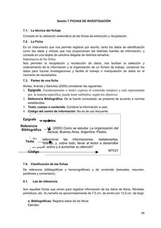 Sesión 7:FICHAS DE INVESTIGACIÓN


 7.1. La técnica del fichaje
 Consiste en la utilización sistemática de las fichas de extracción y recopilación.
 7.2. La Ficha
 Es un instrumento que nos permite registrar por escrito, tanto los datos de identificación
 como las ideas y criticas que nos proporcionan las distintas fuentes de información, y
 consiste en una tarjeta de cartulina delgada de distintos tamaños.
 Importancia de las fichas
 Nos permiten la recopilación y recolección de datos, nos facilitan la selección y
 ordenamiento de la información y la organización de un fichero de trabajo, conservar los
 datos para futuras investigaciones y facilita el manejo o manipulación de datos en el
 momento de necesitarlos.
 7.3. Partes de una ficha
 Alvitez, Aranda y Sánchez (2000) consideran las siguientes:
 1. Epígrafe. Encabezamiento o título: expresa el contenido temático y está representado
    por la materia específica; puede tener subtítulos; según los objetivos.
 2. Referencia Bibliográfica. De la fuente consultada; se presenta de acuerdo a normas
    establecidas.
 3. Texto, cuerpo o contenido. Contiene la información a usar.
 4. Código del centro de información. No es de uso frecuente.

 Epígrafe
       Tomar apuntes
Referencia
Bibliográfica M.F. (2000) Como se estudia: La organización del
       Serafini,
       trabajo intelectual, Buenos Aires, Argentina: Paidos.

       “Es   seleccionar    las    informaciones,     reelaborarlas,
   Texto
       reorganizarlas, y, sobre todo, llevar al lector a desarrollar
       un papel activo y a aumentar su atención”
    Código                                                  MTI/21



 7.4. Clasificación de las fichas
 De referencia (bibliográficas y hemerográficas) y de contenido (textuales, resumen,
 paráfrasis y comentario).

 4.1.   Las de referencia.

 Son aquellas fichas que sirven para registrar información de los datos de libros, Revistas,
 periódicos, etc. Su tamaño es aproximadamente de 7.5 cm. de ancho por 12.5 cm. de largo.

    a. Bibliográficas. Registra datos de los libros
    Ejemplo:

                                                                                         86
 