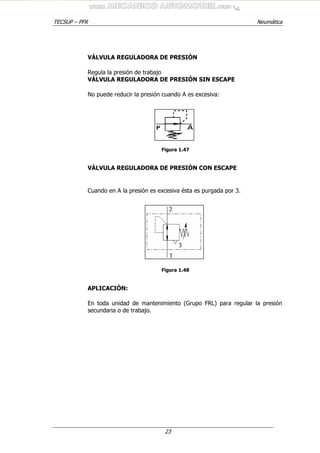 TECSUP – PFR Neumática
23
VÁLVULA REGULADORA DE PRESIÓN
Regula la presión de trabajo
VÁLVULA REGULADORA DE PRESIÓN SIN ESCAPE
No puede reducir la presión cuando A es excesiva:
Figura 1.47
VÁLVULA REGULADORA DE PRESIÓN CON ESCAPE
Cuando en A la presión es excesiva ésta es purgada por 3.
Figura 1.48
APLICACIÓN:
En toda unidad de mantenimiento (Grupo FRL) para regular la presión
secundaria o de trabajo.
 