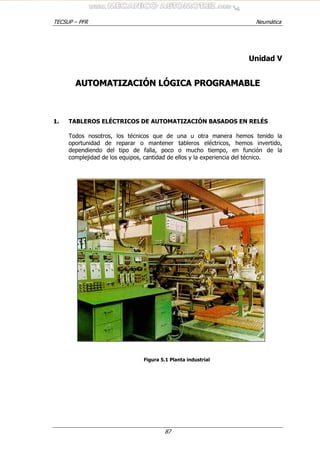 TECSUP – PFR Neumática
87
Unidad V
AAUUTTOOMMAATTIIZZAACCIIÓÓNN LLÓÓGGIICCAA PPRROOGGRRAAMMAABBLLEE
1. TABLEROS ELÉCTRICOS DE AUTOMATIZACIÓN BASADOS EN RELÉS
Todos nosotros, los técnicos que de una u otra manera hemos tenido la
oportunidad de reparar o mantener tableros eléctricos, hemos invertido,
dependiendo del tipo de falla, poco o mucho tiempo, en función de la
complejidad de los equipos, cantidad de ellos y la experiencia del técnico.
Figura 5.1 Planta industrial
 