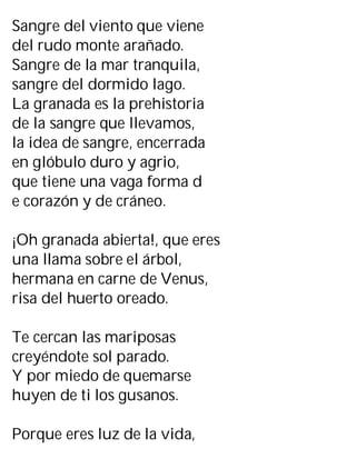 Sangre del viento que viene
del rudo monte arañado.
Sangre de la mar tranquila,
sangre del dormido lago.
La granada es la prehistoria
de la sangre que llevamos,
la idea de sangre, encerrada
en glóbulo duro y agrio,
que tiene una vaga forma d
e corazón y de cráneo.
¡Oh granada abierta!, que eres
una llama sobre el árbol,
hermana en carne de Venus,
risa del huerto oreado.
Te cercan las mariposas
creyéndote sol parado.
Y por miedo de quemarse
huyen de ti los gusanos.
Porque eres luz de la vida,
 