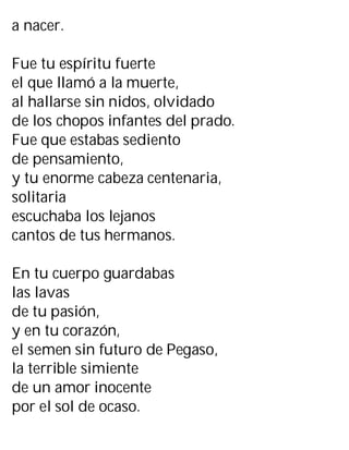 a nacer.
Fue tu espíritu fuerte
el que llamó a la muerte,
al hallarse sin nidos, olvidado
de los chopos infantes del prado.
Fue que estabas sediento
de pensamiento,
y tu enorme cabeza centenaria,
solitaria
escuchaba los lejanos
cantos de tus hermanos.
En tu cuerpo guardabas
las lavas
de tu pasión,
y en tu corazón,
el semen sin futuro de Pegaso,
la terrible simiente
de un amor inocente
por el sol de ocaso.
 