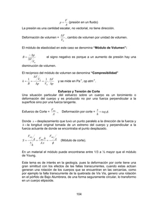 104
A
F
p = (presión en un fluido)
La presión es una cantidad escalar, no vectorial, no tiene dirección.
Deformación de volumen =
0V
V∆
, cambio de volumen por unidad de volumen.
El módulo de elasticidad en este caso se denomina “Módulo de Volumen”:
0V
V
p
B
∆
∆−
= el signo negativo es porque a un aumento de presión hay una
disminución de volumen.
El recíproco del módulo de volumen se denomina “Compresibilidad”
p
V
Vp
V
V
B
k
∆
∆
=
∆
∆
== .
11
0
0
y se mide en Pa-1
, op atm-1
.
Esfuerzo y Tensión de Corte
Una situación particular del esfuerzo sobre un cuerpo es un torcimiento o
deformación del cuerpo y es producido no por una fuerza perpendicular a la
superficie sino por una fuerza tangente.
Esfuerzo de Corte =
A
Ftan
., Deformación por corte = ..φtag
h
x
=
Donde =x desplazamiento que tuvo un punto paralelo a la dirección de la fuerza y
=h la longitud original tomada de un extremo del cuerpo y perpendicular a la
fuerza actuante de donde se encontraba el punto desplazado.
φ
A
F
xA
hF
h
x
A
F
S
tan
tan
tan
.
.
=== (Módulo de corte).
En un material el módulo puede encontrarse entre 1/3 a ½ mayor que el módulo
de Young.
Este tema es de interés en la geología, pues la deformación por corte tiene una
gran similitud con los efectos de las fallas transcurrentes, cuando estas actúan
generan una rotación de los cuerpos que se encuentran en las cercanías, como
por ejemplo la falla transcurrente de la quebrada de Vis Vis, genero una rotación
en el pórfido de Bajo Alumbrera, de una forma seguramente circular, lo transformo
en un cuerpo elipsoide.
 