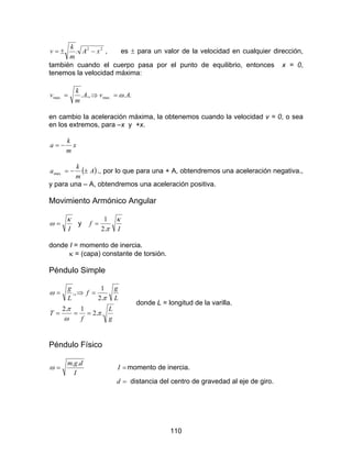 110
22
. xA
m
k
v −±= , es ± para un valor de la velocidad en cualquier dirección,
también cuando el cuerpo pasa por el punto de equilibrio, entonces x = 0,
tenemos la velocidad máxima:
...,. .max.max AvA
m
k
v ω=⇒=
en cambio la aceleración máxima, la obtenemos cuando la velocidad v = 0, o sea
en los extremos, para –x y +x.
x
m
k
a −=
( )A
m
k
a ±−=.max ., por lo que para una + A, obtendremos una aceleración negativa.,
y para una – A, obtendremos una aceleración positiva.
Movimiento Armónico Angular
I
κ
ω = y
I
f
κ
π.2
1
=
donde I = momento de inercia.
κ = (capa) constante de torsión.
Péndulo Simple
g
L
f
T
L
g
f
L
g
..2
1.2
.2
1
.,
π
ω
π
π
ω
===
=⇒=
donde L = longitud de la varilla.
Péndulo Físico
I
dgm ..
=ω =I momento de inercia.
=d distancia del centro de gravedad al eje de giro.
 