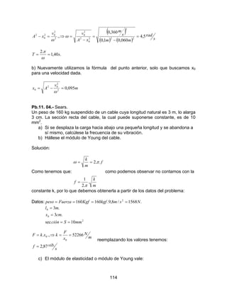 114
( )
( ) ( ) s
rad
mm
s
m
xA
vv
xA 5,4
060,01,0
360,0
., 22
2
2
0
2
2
0
2
2
02
0
2
=
−
=
−
=⇒=− ω
ω
.40,1
.2
sT ==
ω
π
b) Nuevamente utilizamos la fórmula del punto anterior, solo que buscamos x0
para una velocidad dada.
m
v
Ax 095,02
2
02
0 =−=
ω
Pb.11. 04.- Sears.
Un peso de 160 kg suspendido de un cable cuya longitud natural es 3 m, lo alarga
3 cm. La sección recta del cable, la cual puede suponerse constante, es de 10
mm2
.
a) Si se desplaza la carga hacia abajo una pequeña longitud y se abandona a
sí mismo, calcúlese la frecuencia de su vibración.
b) Hállese el módulo de Young del cable.
Solución:
Como tenemos que:
m
k
f
f
m
k
.
.2
1
..2
π
πω
=
==
como podemos observar no contamos con la
constante k, por lo que debemos obtenerla a partir de los datos del problema:
Datos: .1568/8,9.160160 2
NsmkgfKgfFuerzapeso ====
2
0
0
10sec
.3
.3
mmSción
cmx
ml
==
=
=
s
vibf
m
N
x
F
kxkF
.87,2
52266.,.
0
0
=
==⇒=
reemplazando los valores tenemos:
c) El módulo de elasticidad o módulo de Young vale:
 