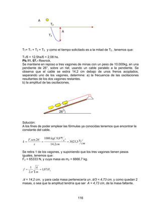116
A
T2
A
T3
TT= T1 + T2 + T3 y como el tiempo solicitado es a la mitad de T2 , tenemos que:
TT/6 = 12,5hs/6 = 2,08 hs.
Pb.11. 07.- Resnick.
Se mantiene en reposo a tres vagones de minas con un peso de 10.000kg, en una
pendiente de 26°, sobre un riel, usando un cable paralelo a la pendiente. Se
observa que el cable se estira 14,2 cm debajo de unos frenos acoplados,
separando uno de los vagones, determine: a) la frecuencia de las oscilaciones
resultantes de los dos vagones restantes.
b) la amplitud de las oscilaciones.
26°
Solución:
A los fines de poder emplear las fórmulas ya conocidas tenemos que encontrar la
constante del cable.
cm
N
cm
s
mkgf
x
senF
k 3,3025
2,14
8,9..100026.. 2
===
o
Se retira 1 de los vagones, y suponiendo que los tres vagones tienen pesos
iguales, tenemos que:
F2 = 65333 N, y cuya masa es m2 = 6666,7 kg.
zH
m
k
f 07,1
.2
1
==
π
∆l = 14,2 cm, y para cada masa pertenecería un ∆l/3 = 4,73 cm, y como quedan 2
masas, o sea que la amplitud tendría que ser A = 4,73 cm, de la masa faltante.
 