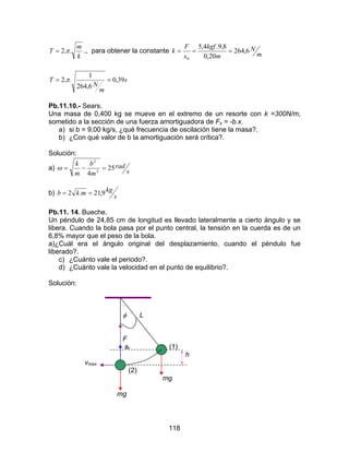 118
k
m
T ..2π= ., para obtener la constante
m
N
m
kgf
x
F
k 6,264
20,0
8,9.4,5
0
===
s
m
N
T 39,0
6,264
1
..2 == π
Pb.11.10.- Sears.
Una masa de 0,400 kg se mueve en el extremo de un resorte con k =300N/m,
sometido a la sección de una fuerza amortiguadora de Fx = -b.x.
a) si b = 9,00 kg/s, ¿qué frecuencia de oscilación tiene la masa?.
b) ¿Con qué valor de b la amortiguación será crítica?.
Solución:
a)
s
rad
m
b
m
k
25
4 2
2
=−=ω
b)
s
kgmkb 9,21.2 ==
Pb.11. 14. Bueche.
Un péndulo de 24,85 cm de longitud es llevado lateralmente a cierto ángulo y se
libera. Cuando la bola pasa por el punto central, la tensión en la cuerda es de un
6,8% mayor que el peso de la bola.
a)¿Cuál era el ángulo original del desplazamiento, cuando el péndulo fue
liberado?.
c) ¿Cuánto vale el periodo?.
d) ¿Cuánto vale la velocidad en el punto de equilibrio?.
Solución:
φ L
F
ar (1)
h
vmax
(2)
mg
mg
 