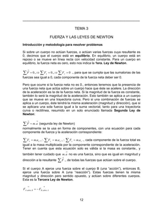 12
--------------------------------------------------------------------------------------------------------------
TEMA 3
FUERZA Y LAS LEYES DE NEWTON
Introducción y metodología para resolver problemas
Si sobre un cuerpo no actúan fuerzas, o actúan varias fuerzas cuya resultante es
0, decimos que el cuerpo está en equilibrio. En equilibrio, un cuerpo está en
reposo o se mueve en línea recta con velocidad constante. Para un cuerpo en
equilibrio, la fuerza neta es cero, esto nos indica la 1era. Ley de Newton.
∑ ∑ ∑ =⇒=⇒=
→
0.,0.,0 yx FFF ., para que se cumpla que las sumatorias de las
fuerzas sea igual a 0, cada componente de la fuerza neta deber ser 0.
Pero que ocurre si la fuerza neta no es 0., entonces tenemos que la presencia de
una fuerza neta que actúa sobre un cuerpo hace que éste se acelere. La dirección
de la aceleración es la de la fuerza neta. Si la magnitud de la fuerza es constante,
también lo será la magnitud de la aceleración. Esto también se aplica a un cuerpo
que se mueve en una trayectoria curva. Pero si una combinación de fuerzas se
aplica a un cuerpo, éste tendrá la misma aceleración (magnitud y dirección), que si
se aplicara una sola fuerza igual a la suma vectorial, tanto para una trayectoria
curva o rectilínea, resumido en un solo enunciado llamada Segunda Ley de
Newton:
∑
→→
= amF . (segunda ley de Newton)
normalmente se la usa en forma de componentes, con una ecuación para cada
componente de fuerza y la aceleración correspondiente:
∑ ∑∑ =∴=∴= zzyyxx amFamFamF ..,..,. ., cada componente de la fuerza total es
igual a la masa multiplicada por la componente correspondiente de la aceleración.
Tener en cuenta que esta ecuación solo es válida si la masa es constante., y
también tener cuidado que
→
am. no es una fuerza, sino que es igual en magnitud y
dirección a la resultante ∑
→
F ., de todas las fuerzas que actúan sobre el cuerpo.
Si el cuerpo A ejerce una fuerza sobre el cuerpo B (una “acción”), entonces B,
ejerce una fuerza sobre A (una “reacción”). Estas fuerzas tienen la misma
magnitud y dirección pero sentido opuesto, y actúan sobre diferentes cuerpos.
Esta es la Tercera Ley de Newton.
→→
−= AsobreBBsobreA FF ....
 