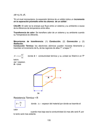 135
∆V = β. V. ∆T.
“En el nivel microscópico, la expansión térmica de un sólido indica un incremento
en la separación promedio entre los átomos de un sólido”.
CALOR: El calor es la energía que fluye entre un sistema y su ambiente a causa
de la diferencia de temperatura entre ellos.
Transferencia de calor: Se transfiere calor de un sistema y su ambiente cuando
su Temperatura es diferente.
Mecanismos de transferencia: (1) Conducción, (2) Convección y (3)
Radiación.
Conducción Térmica: los electrones atómicos pueden moverse libremente y
trasmiten el incremento de EK de las regiones de altas T° a bajas T°.
x
T
AkH
∆
∆
= .. donde k = conductividad térmica y su unidad es Wat/m.k en T°
kelvin.
∆x = espesor.
A = área
A
∆x
Resistencia Térmica = R
k
x
R
∆
= donde =∆x espesor del material por donde se trasmite el
calor
cuando mas baja sea la conductividad (k) mas alto será R, por
lo tanto será mas aislante.
 