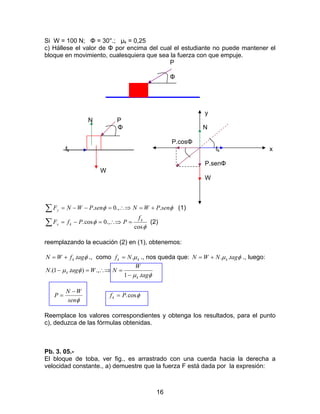 16
Si W = 100 N; Φ = 30°.; µk = 0,25
c) Hállese el valor de Φ por encima del cual el estudiante no puede mantener el
bloque en movimiento, cualesquiera que sea la fuerza con que empuje.
P
Φ
y
N P
Φ N
P.cosΦ
fk fk x
P.senΦ
W
W
∑ +=∴⇒=−−= φφ senPWNsenPWNFy ..,0. (1)
∑ =∴⇒=−=
φ
φ
cos
.,0cos. k
kx
f
PPfF (2)
reemplazando la ecuación (2) en (1), obtenemos:
φtagfWN k .+= ., como kk Nf µ.= ., nos queda que: φµ tagNWN k ..+= ., luego:
φµ
φµ
tag
W
NWtagN
k
k
.1
.,).1.(
−
=∴⇒=−
φsen
WN
P
−
= φcos.Pfk =
Reemplace los valores correspondientes y obtenga los resultados, para el punto
c), deduzca de las fórmulas obtenidas.
Pb. 3. 05.-
El bloque de toba, ver fig., es arrastrado con una cuerda hacia la derecha a
velocidad constante., a) demuestre que la fuerza F está dada por la expresión:
 
