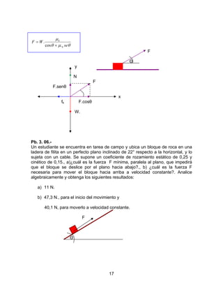 17
θµθ
µ
se
WF
k
k
.cos
.
+
=
F
Θ
y
N
F
F.senθ
x
fk F.cosθ
W.
Pb. 3. 06.-
Un estudiante se encuentra en tarea de campo y ubica un bloque de roca en una
ladera de filita en un perfecto plano inclinado de 22° respecto a la horizontal, y lo
sujeta con un cable. Se supone un coeficiente de rozamiento estático de 0,25 y
cinético de 0,15., a)¿cuál es la fuerza F mínima, paralela al plano, que impedirá
que el bloque se deslice por el plano hacia abajo?., b) ¿cuál es la fuerza F
necesaria para mover el bloque hacia arriba a velocidad constante?. Analice
algebraicamente y obtenga los siguientes resultados:
a) 11 N.
b) 47,3 N., para el inicio del movimiento y
40,1 N, para moverlo a velocidad constante.
F
Θ
 