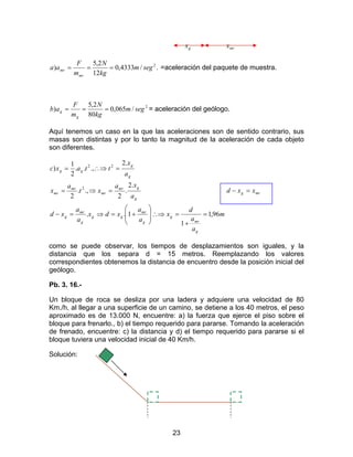 23
gx mrx
./4333,0
12
2,5
) 2
segm
kg
N
m
F
aa
mr
mr === =aceleración del paquete de muestra.
2
/065,0
80
2,5
) segm
kg
N
m
F
ab
g
g === = aceleración del geólogo.
Aquí tenemos un caso en la que las aceleraciones son de sentido contrario, sus
masas son distintas y por lo tanto la magnitud de la aceleración de cada objeto
son diferentes.
m
a
a
d
x
a
a
xdx
a
a
xd
a
xa
xt
a
x
a
x
ttaxc
g
mr
g
g
mr
gg
g
mr
g
g
gmr
mr
mr
mr
g
g
gg
96,1
1
1..
.2
.
2
.,.
2
.2
.,..
2
1
)
2
22
=
+
=∴⇒








+=⇒=−
=⇒=
=∴⇒=
mrg xxd =−
como se puede observar, los tiempos de desplazamientos son iguales, y la
distancia que los separa d = 15 metros. Reemplazando los valores
correspondientes obtenemos la distancia de encuentro desde la posición inicial del
geólogo.
Pb. 3. 16.-
Un bloque de roca se desliza por una ladera y adquiere una velocidad de 80
Km./h, al llegar a una superficie de un camino, se detiene a los 40 metros, el peso
aproximado es de 13.000 N, encuentre: a) la fuerza que ejerce el piso sobre el
bloque para frenarlo., b) el tiempo requerido para pararse. Tomando la aceleración
de frenado, encuentre: c) la distancia y d) el tiempo requerido para pararse si el
bloque tuviera una velocidad inicial de 40 Km/h.
Solución:
 