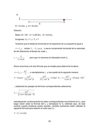 26
H
S
H = 3,3 km., y S = 9,4 km.
Solución:
Datos: Ф = 35°., H = 3,30 Km., S = 9,4 km.,
Incógnitas: Vo = ? y Tv = ?
Tenemos que la distancia horizontal en la trayectoria de un proyectil es igual a:
vx tVS .0= donde φ.cos.00 VV x = , o sea la componente horizontal de la velocidad,
de allí obtenemos el tiempo de vuelo vt .
φ.cos.0V
S
tv = pero aquí no tenemos la Velocidad inicial Vo,
Ahora recurrimos a la otra fórmula que se emplea para determinar la altura:
2
.
.
2
0
v
vy
tg
tVh −= ., y reemplazamos vt y nos queda de la siguiente manera:
φ
φ
.cos.2
.
.. 22
0
2
V
Sg
tagSh −= ( ) 2
02
2
22
0
2
..
cos.2
.
.,.
cos..2
.
VhtagS
Sg
htagS
V
Sg
−=∴⇒−= φ
φ
φ
φ
., realizando los pasajes de términos correspondientes obtenemos:
( )htgS
Sg
V
−
=
φφ ..cos.2
.
2
2
0
reemplazando numéricamente los datos correspondientes encontramos la Vo, para
luego volver sobre la fórmula del tv y reemplazar la Vo obtenida aquí, de esta
manera nuestro problema queda resuelto., también podríamos haber utilizado la
siguiente fórmula para obtener en este caso Vo :
).2.(.2
0 φsenVS =
 